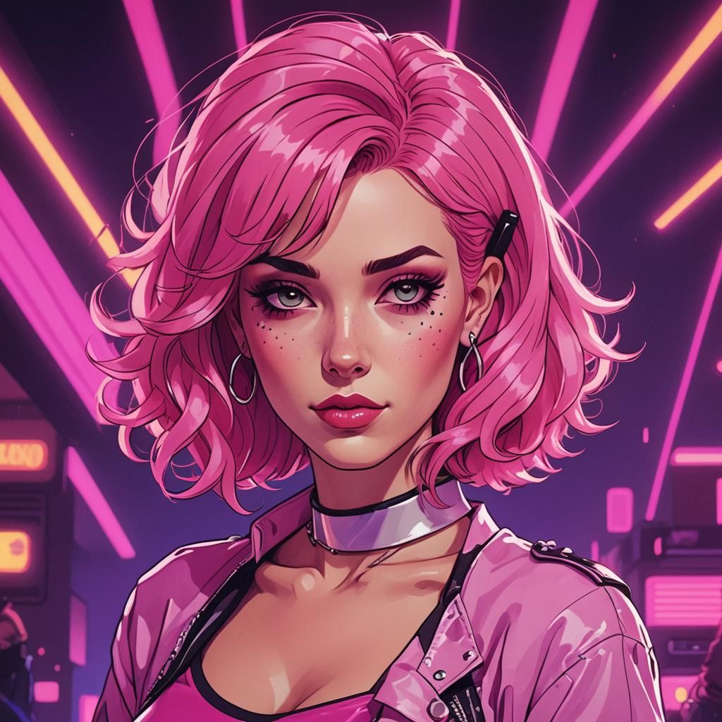 Retro Cartoon Woman with Pink Hair in Synthwave Style