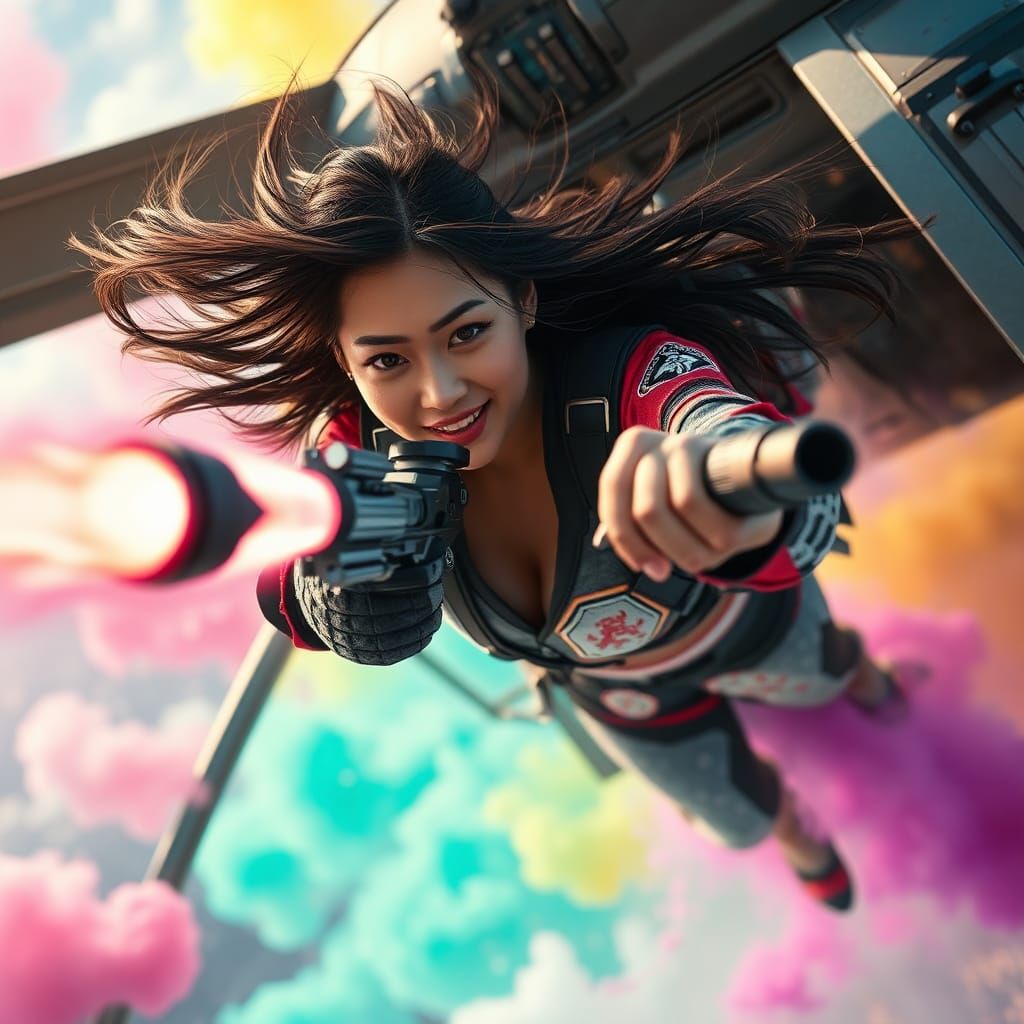 Asian Woman Fires Gun from Futuristic Helicopter