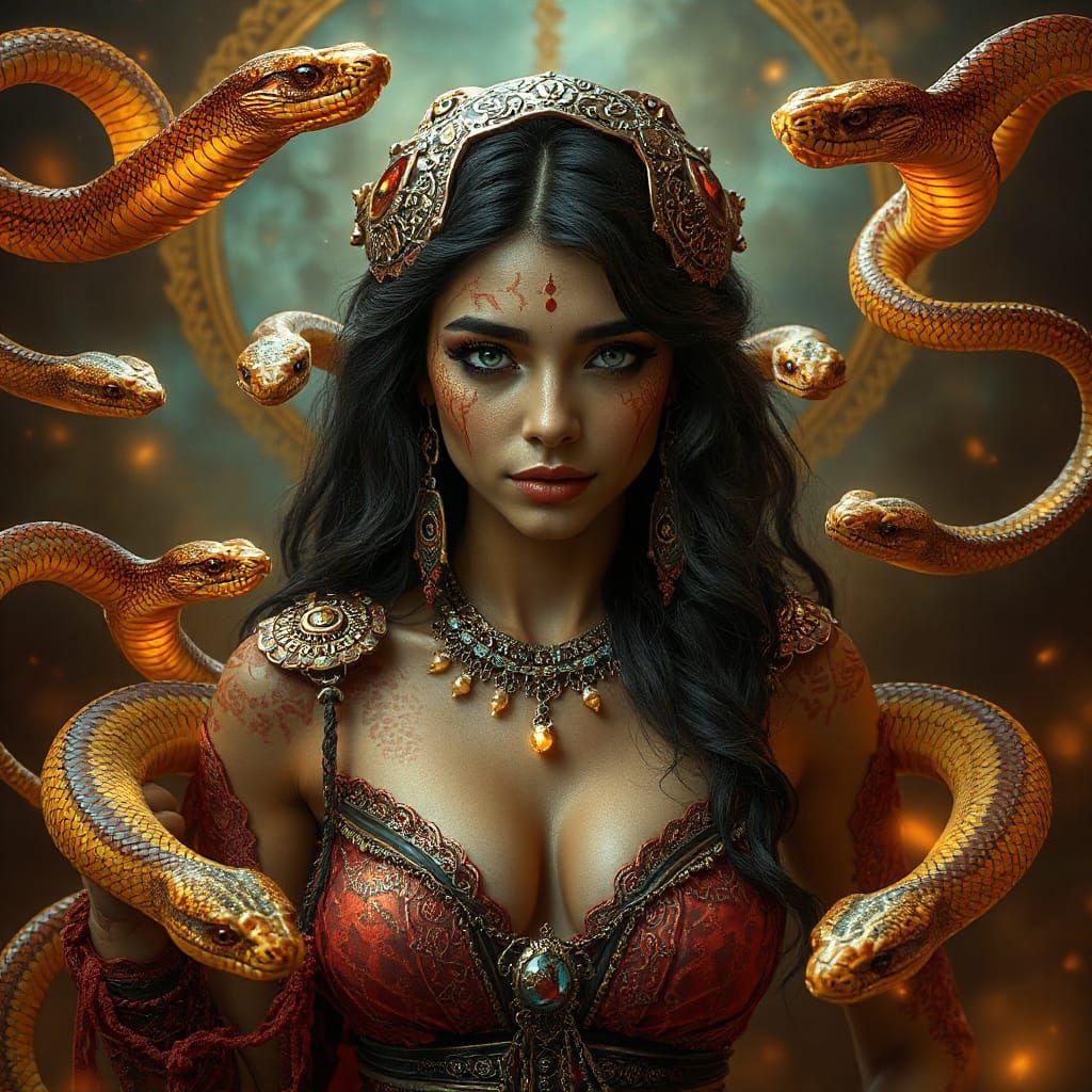 Enchanted Desert Enchantress with Cobras in Mystical Turquoi...