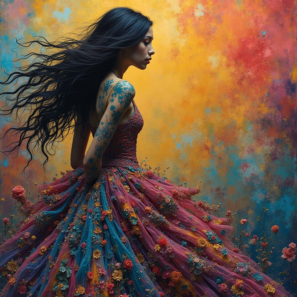 Elegant Woman in Vibrant Dreamlike Landscape