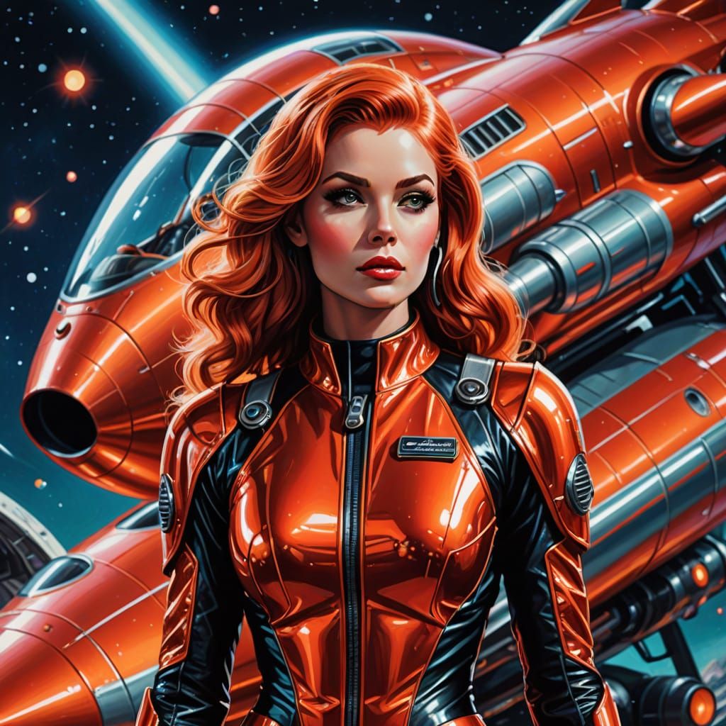 Barbarella Space Vixen and Retro Rocket in Sci-Fi Style