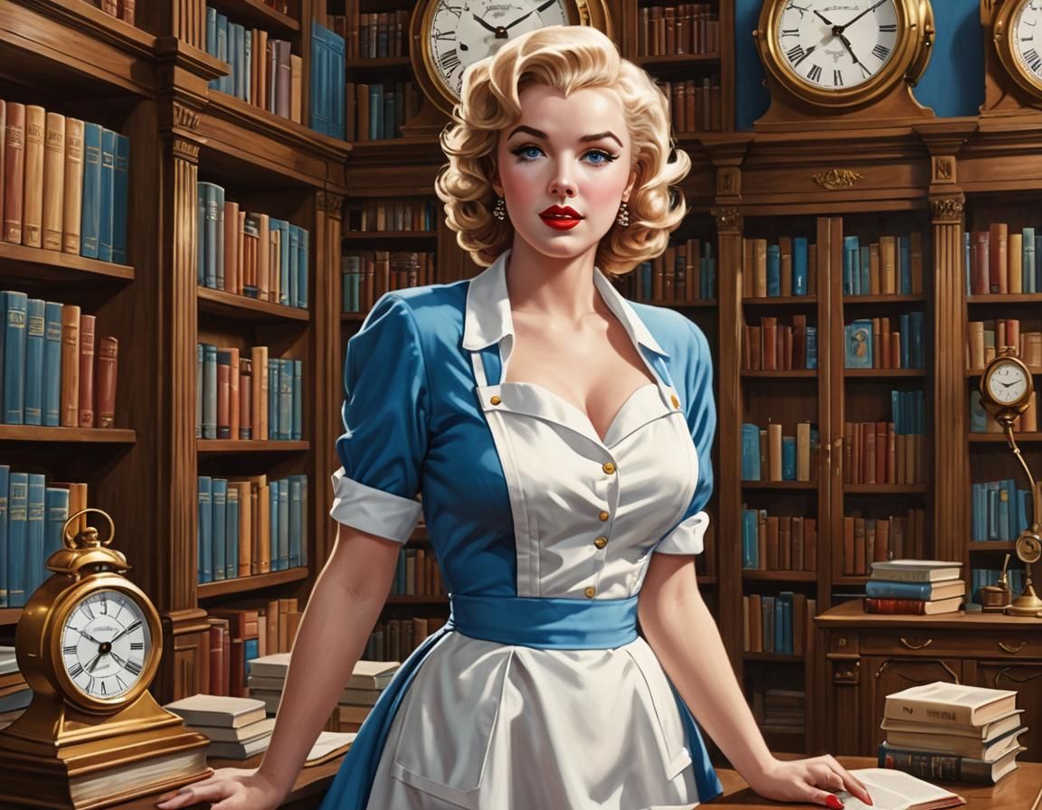 Pinup Woman as Belle in Library, Animated Illustration