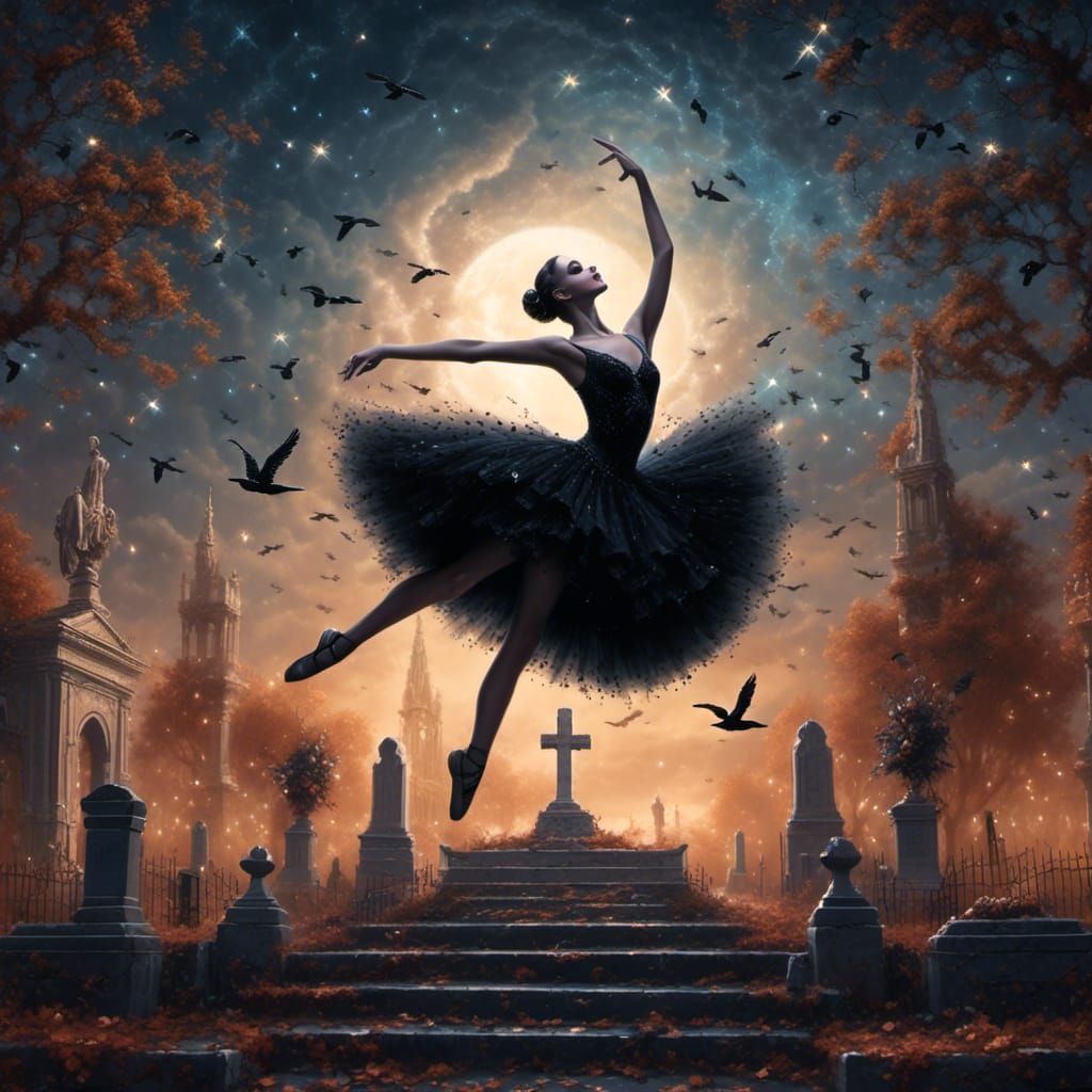 Gothic Black Swan Ballerina in Graveyard: Matte Painting