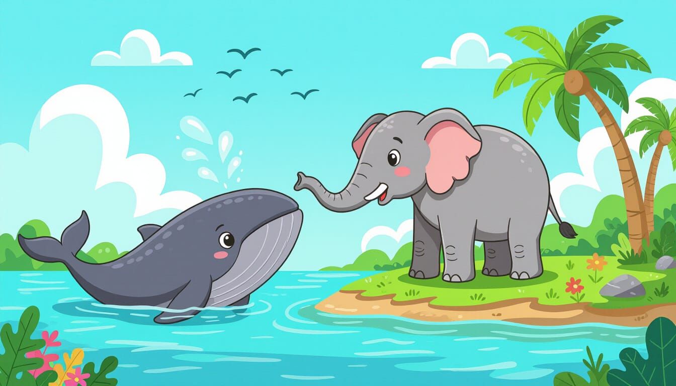 Whale and Elephant Friendship on Island in Cartoon Style