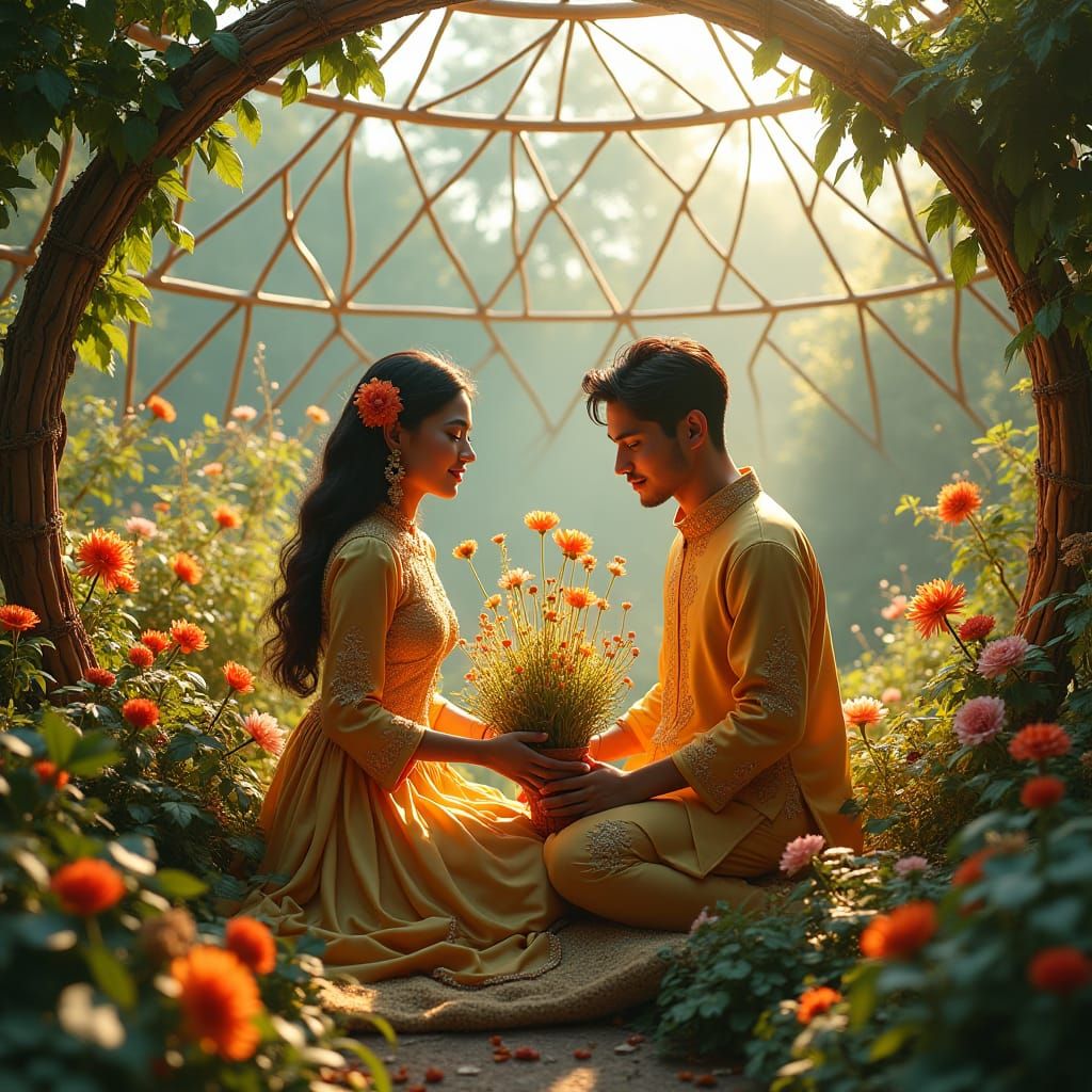 Couple Nurturing Flora in Geodesic Dome, Line Art Style