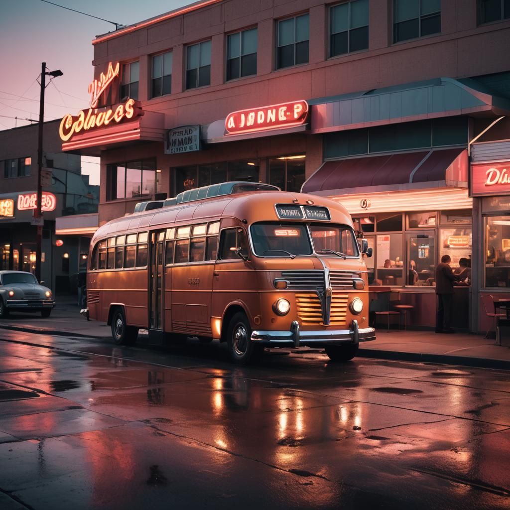 1950s Bus at Diner in Retro-Futuristic Style