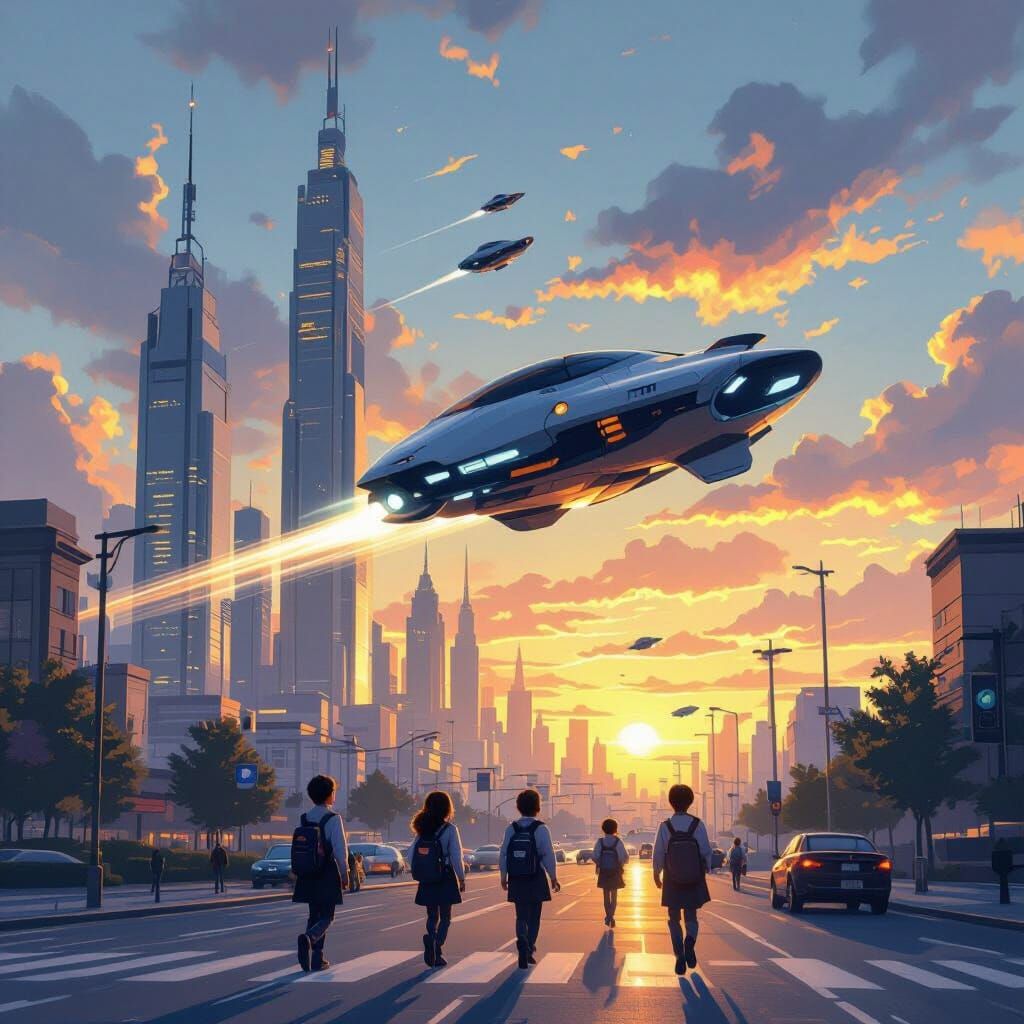 Futuristic School Scene with Flying Vehicles
