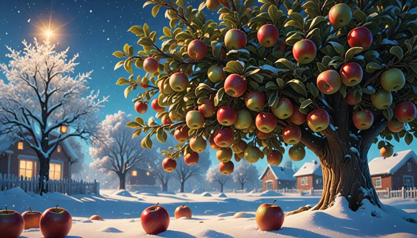 Surreal Winter Wonderland with Vibrant Apple Tree