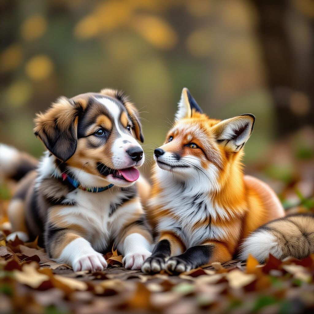 Puppy Hound Befriends Charming Fox in Playful Scene
