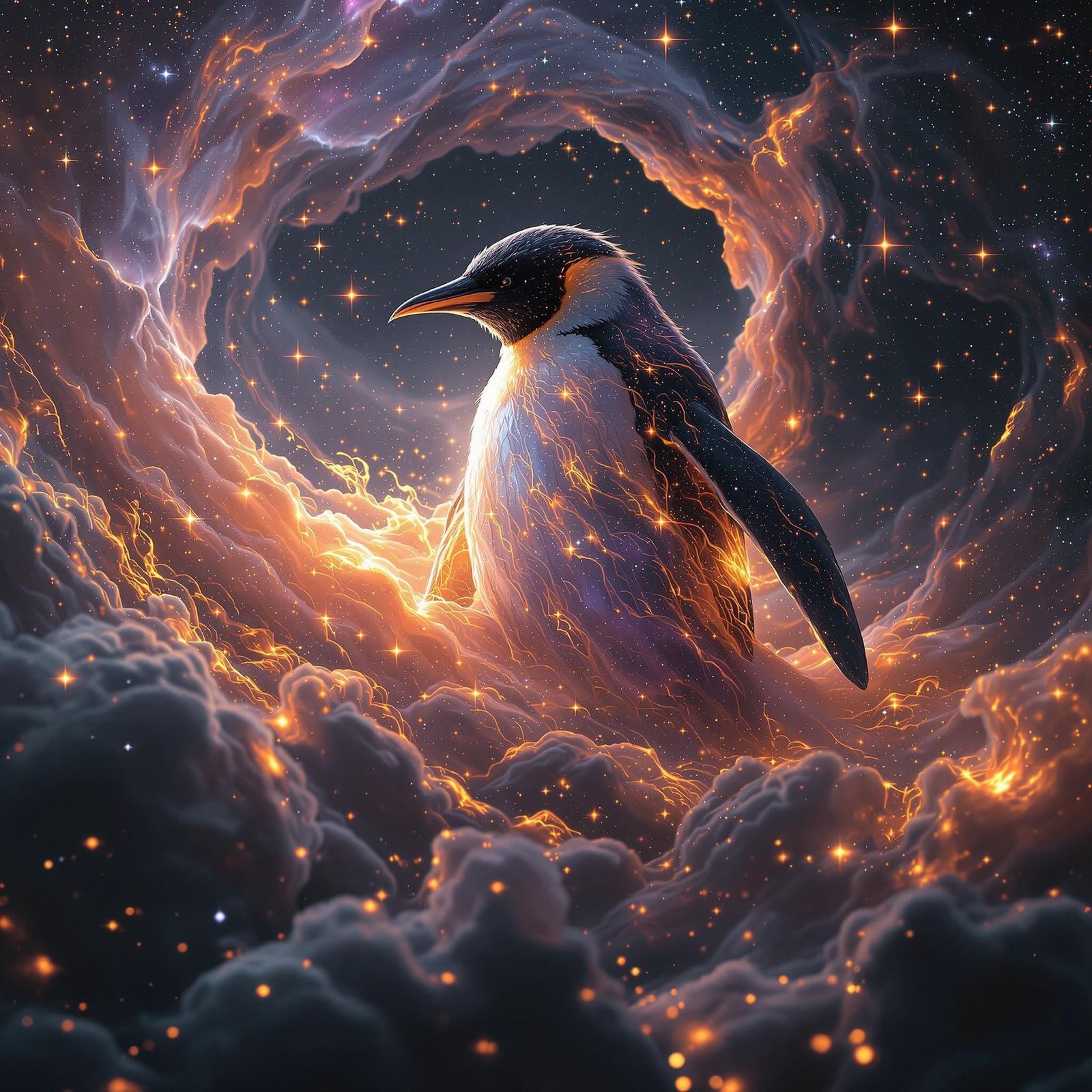 Cosmic Penguin Nebula in Dark Fantasy Style