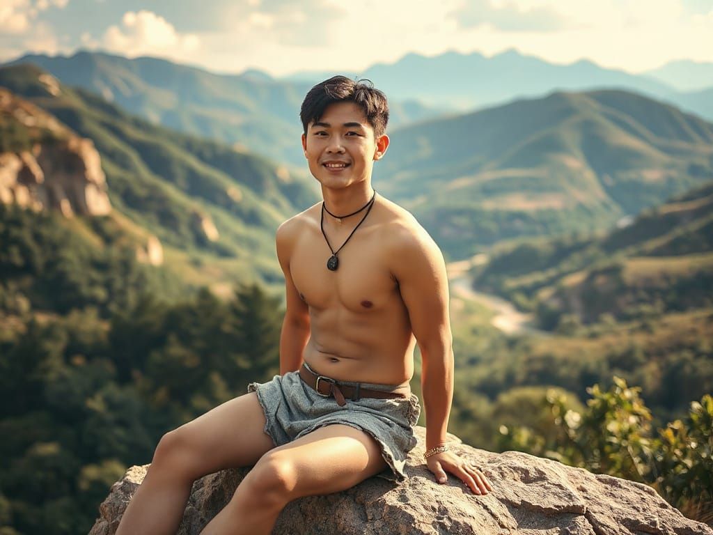 Gay Asian Man Overlooking Valley, in Surrealist Style