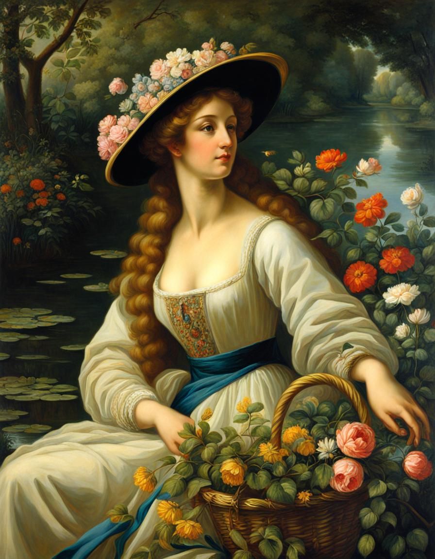 A very beautiful woman at the riverbank, flowers, renaissanc...