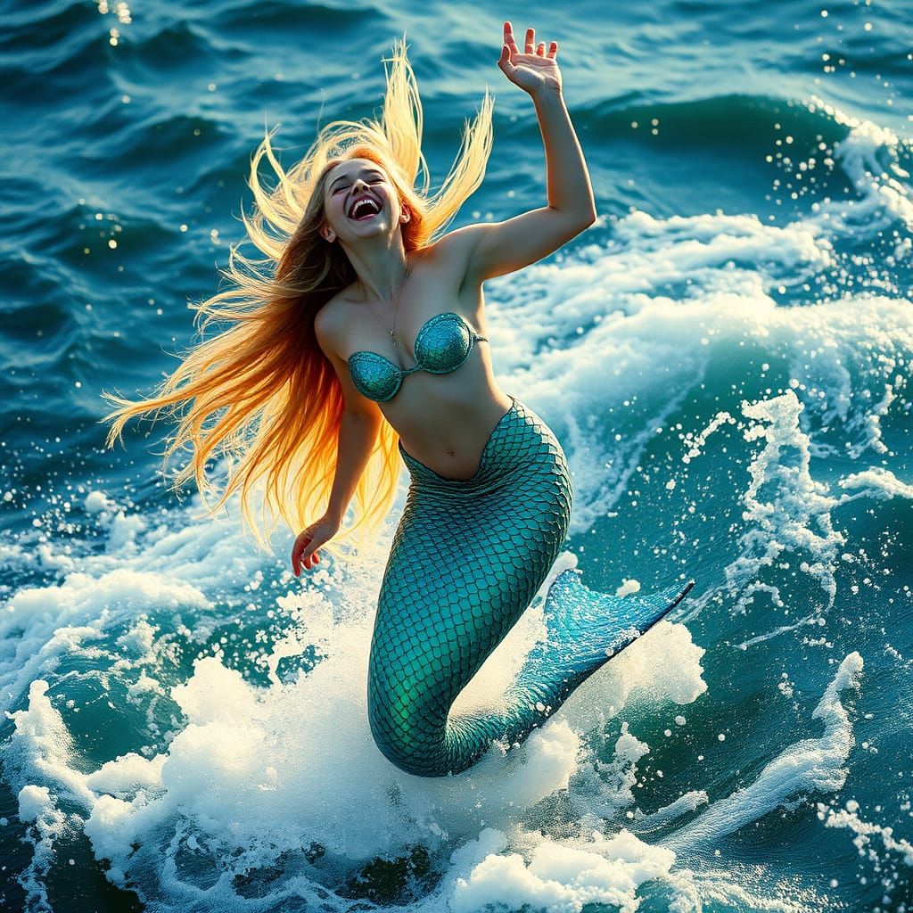 Mermaid Leaps in Vibrant Turquoise and Emerald Scales, as Sh...