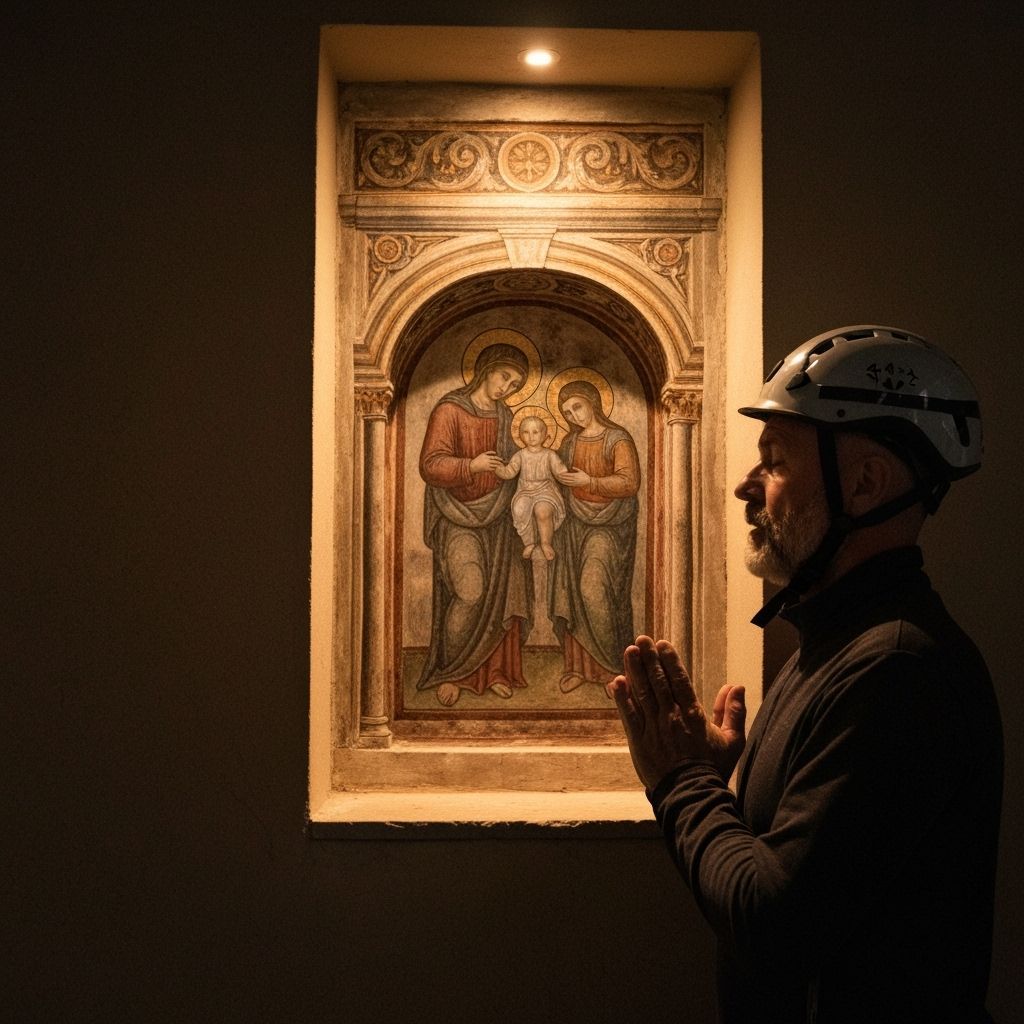 Italian Man Prays by Ancient Fresco Shrine