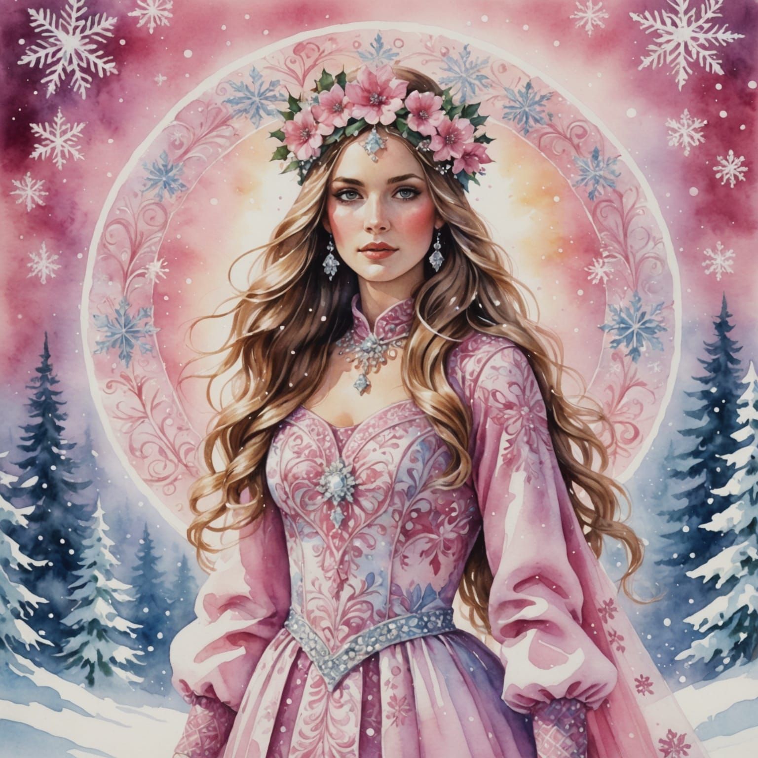 Ethereal Watercolor Woman in Sparkling Winter Wonderland