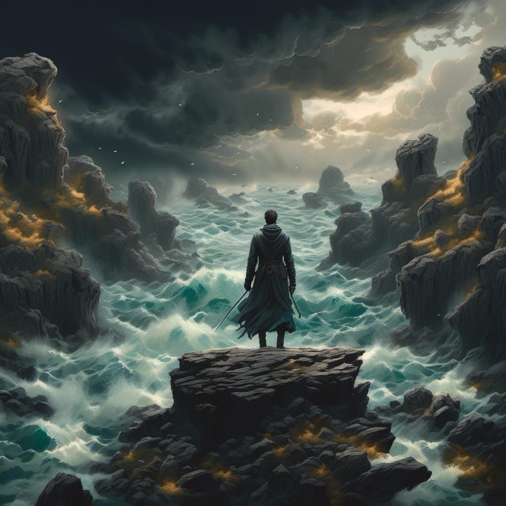Dramatic Woman on Rocks in Stormy Weather