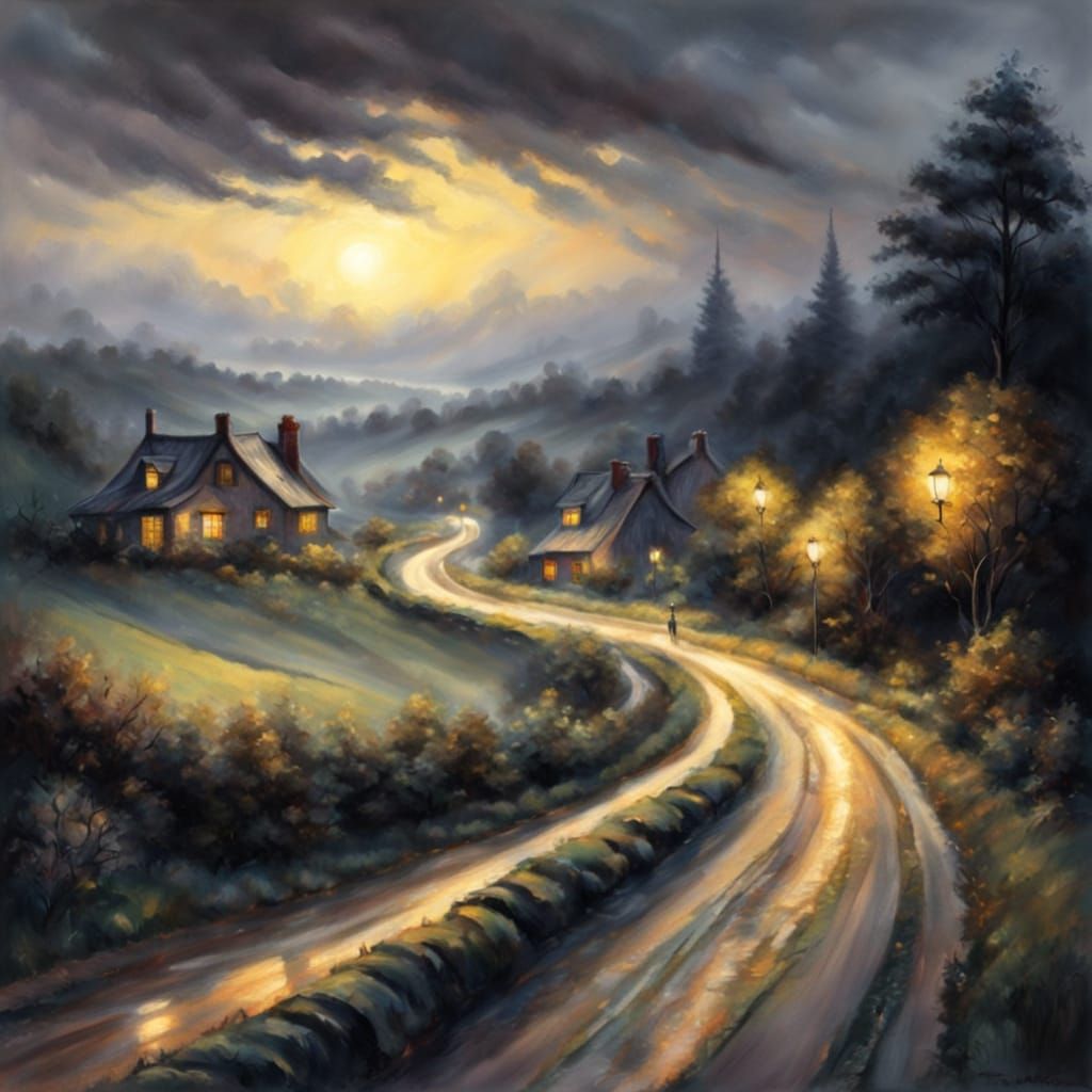 Winding Road: Ethereal Gouache Charcoal Drawing