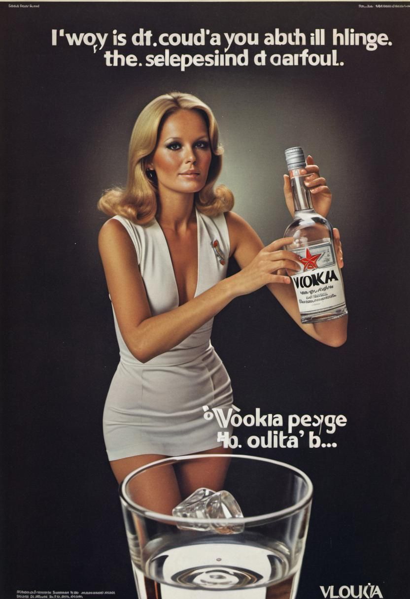 Sleazy 1970s Vodka Advertisement in Photorealistic Style