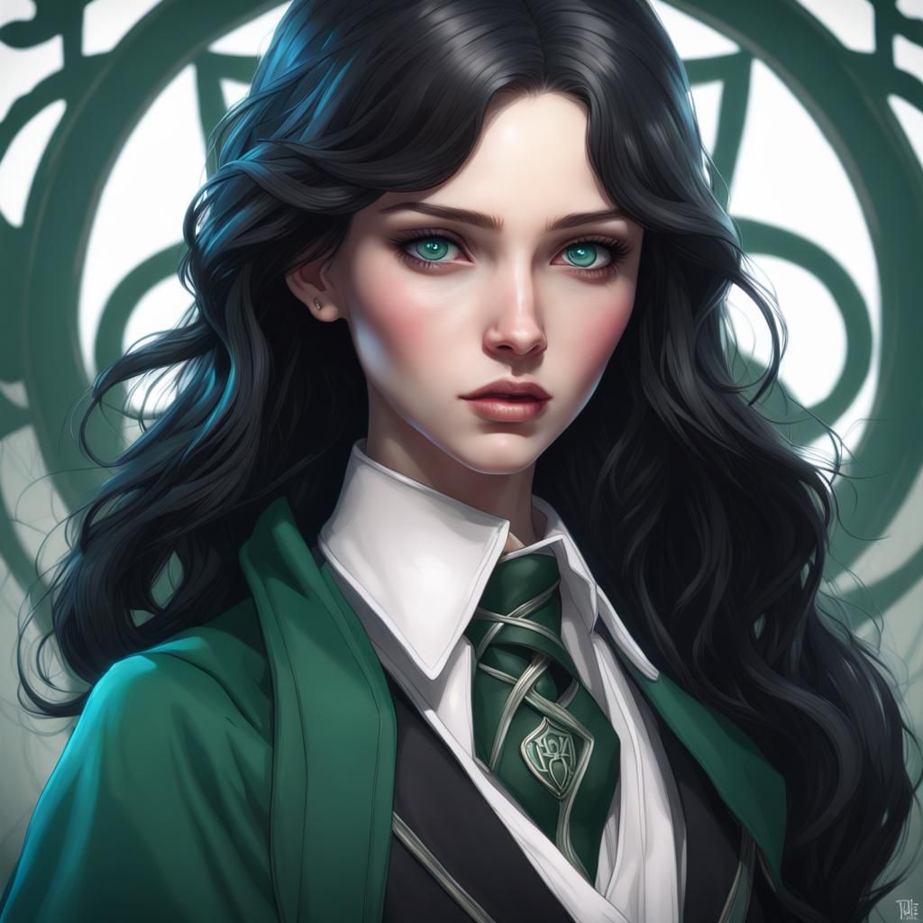 Beautiful Slytherin Student Portrait in Digital Art Style