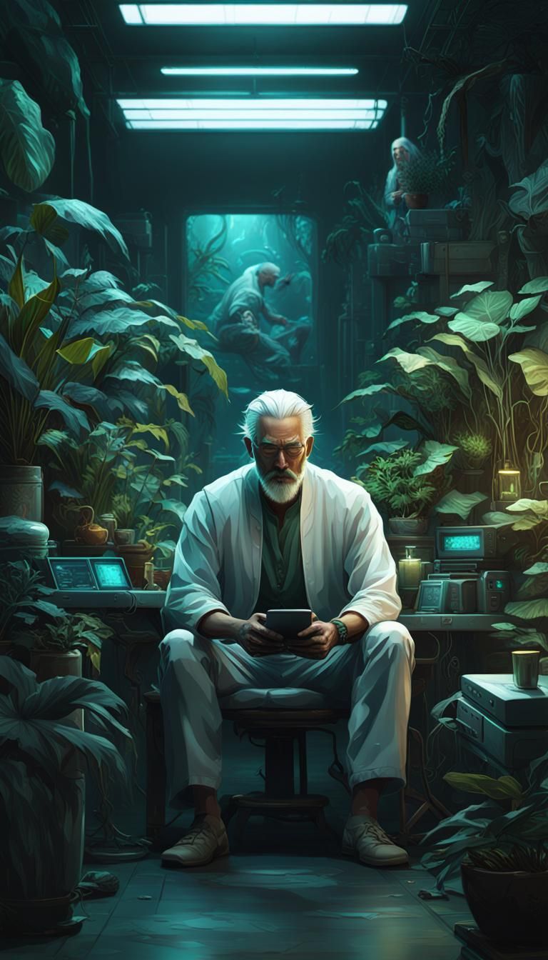 Asian Man with Turquoise Eyes in Dark Room