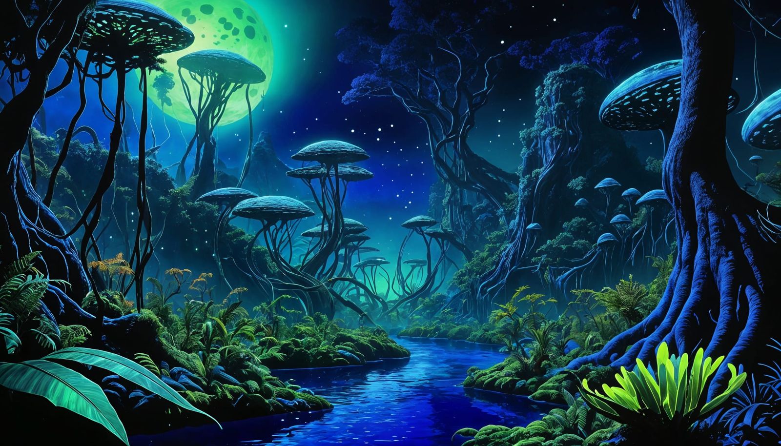 Glowing Exoplanet Jungle in Vibrant Bioluminescent Style