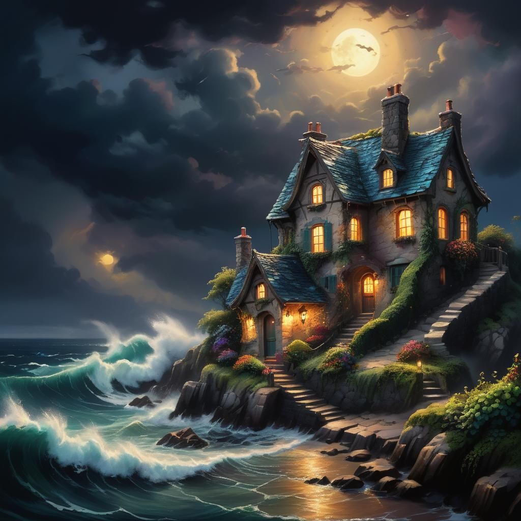 Whimsical Cottage on Stormy Sea: Oil Painting