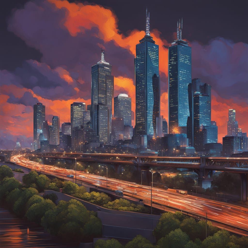 Melbourne Skyline at Dusk: Neo-Impressionist Oil Painting