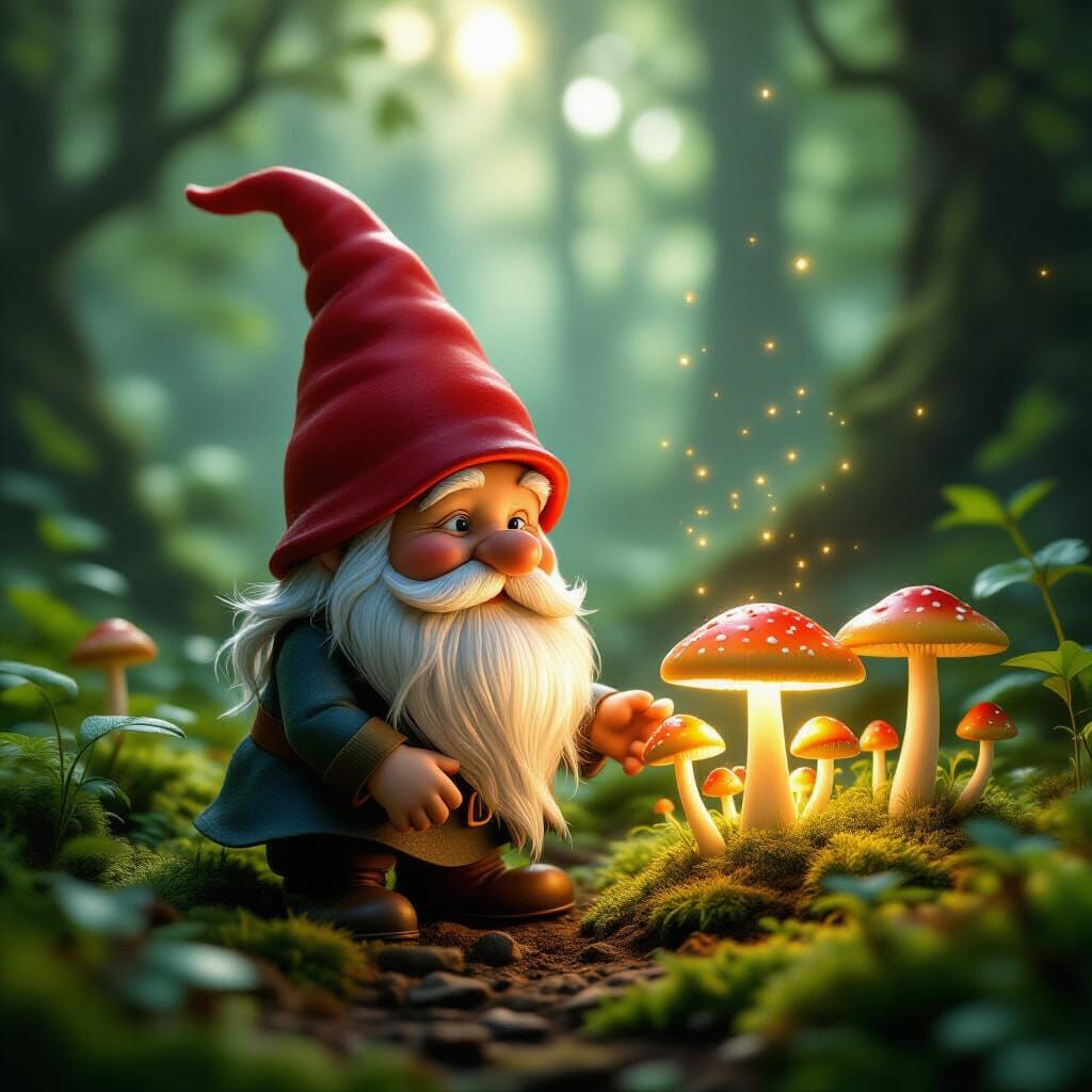 Whimsical Gnome Tends Glowing Mushroom Garden in Enchanted F...
