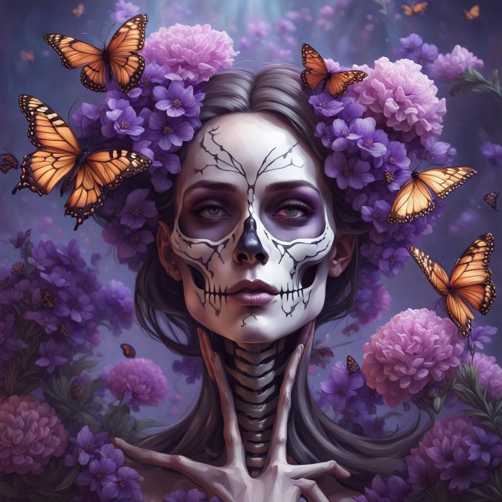 Skeleton Lady with Purple Flowers: Hyperdetailed Portrait