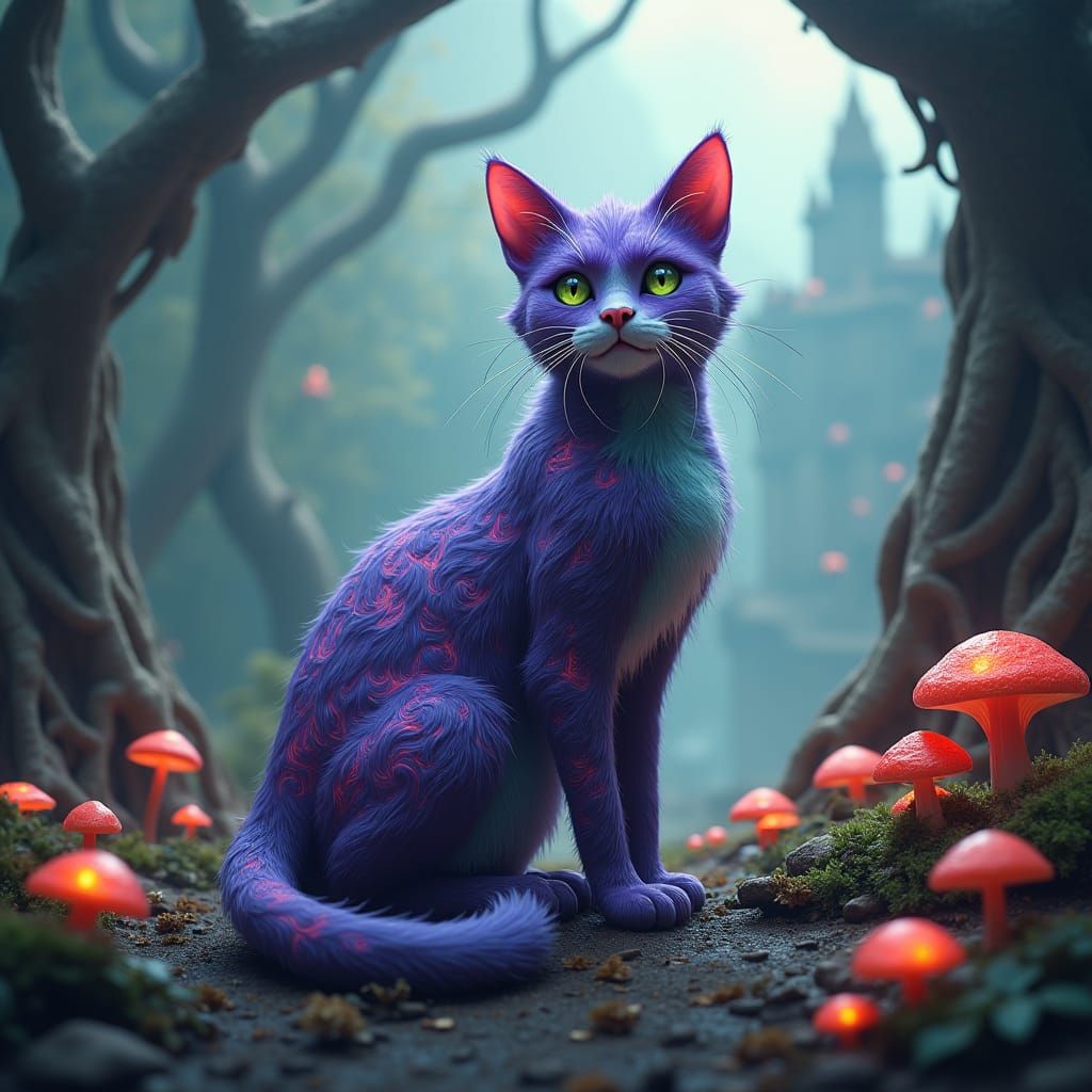 Mystical Hacky Cat in Enchanted Forest, Digital Art