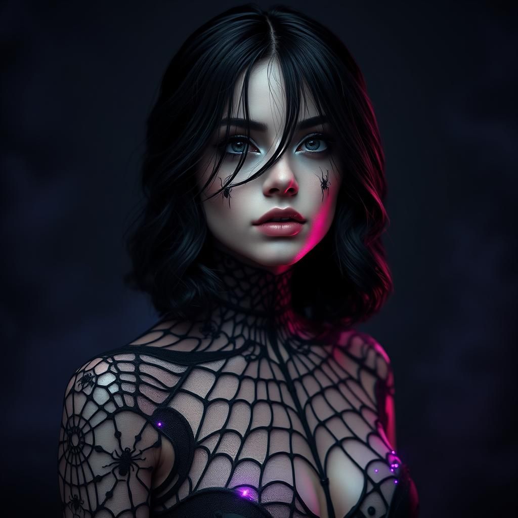 Enchanting Gothic Woman with Spider Web Bodysuit