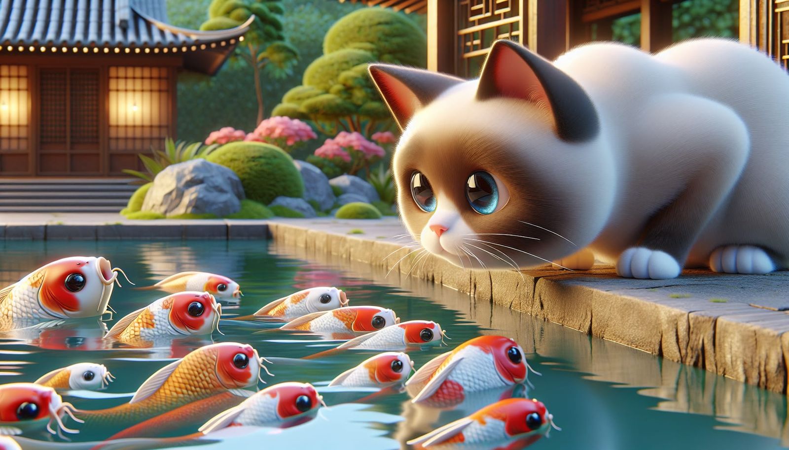 Siamese Cat and Koi Fish in Cartoon Style