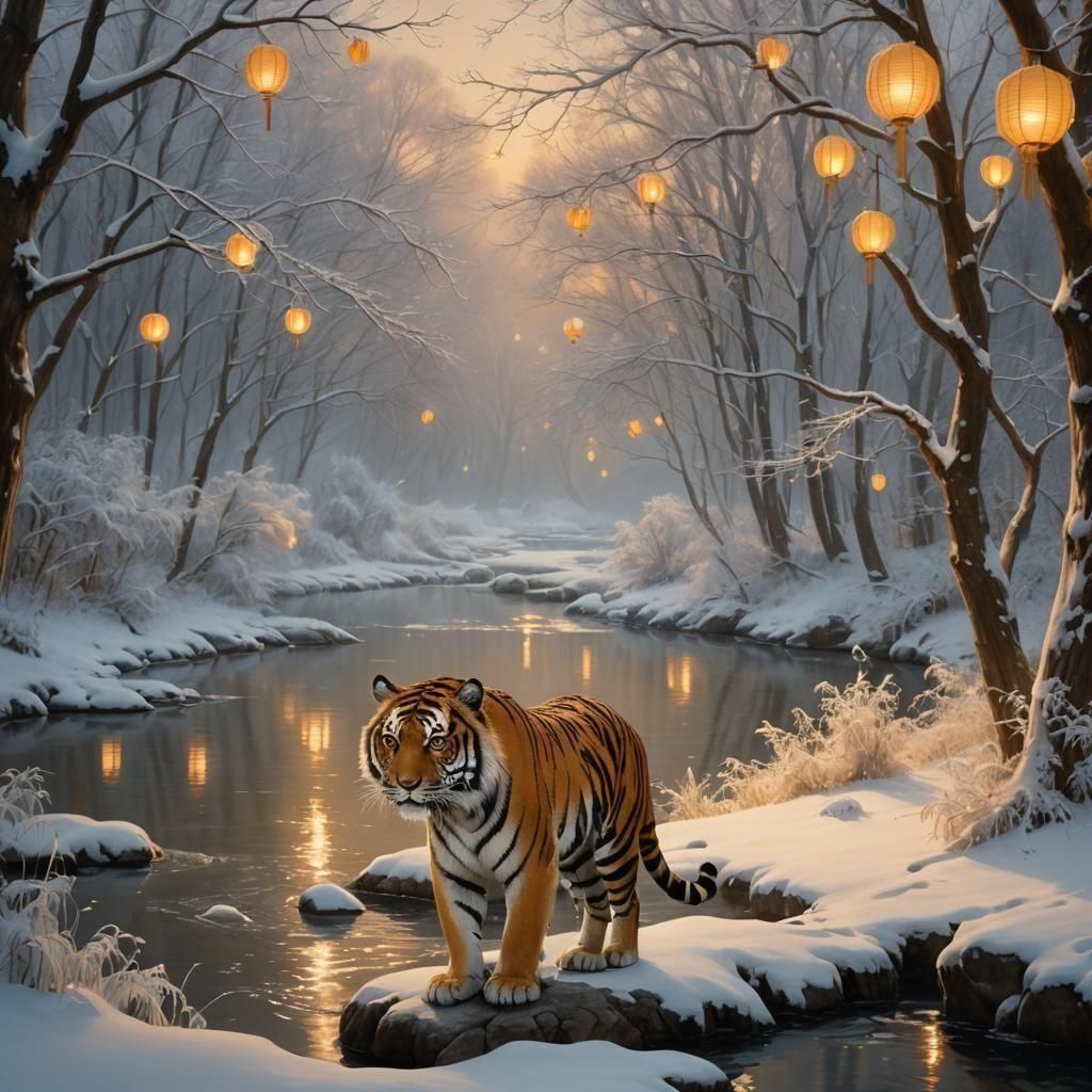 Tiger in Snowy Forest: Ethereal Fantasy Art