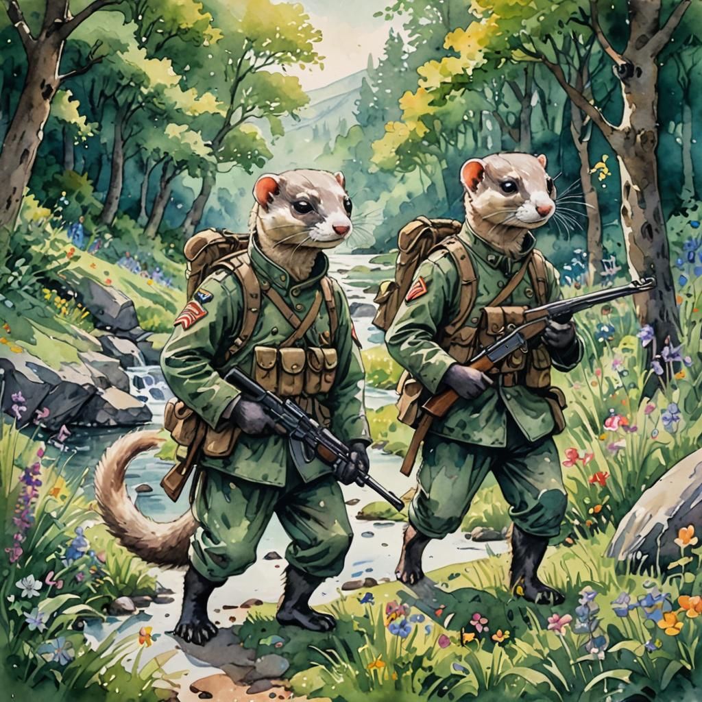 Watercolor Ferret Soldiers in Emerald Landscape