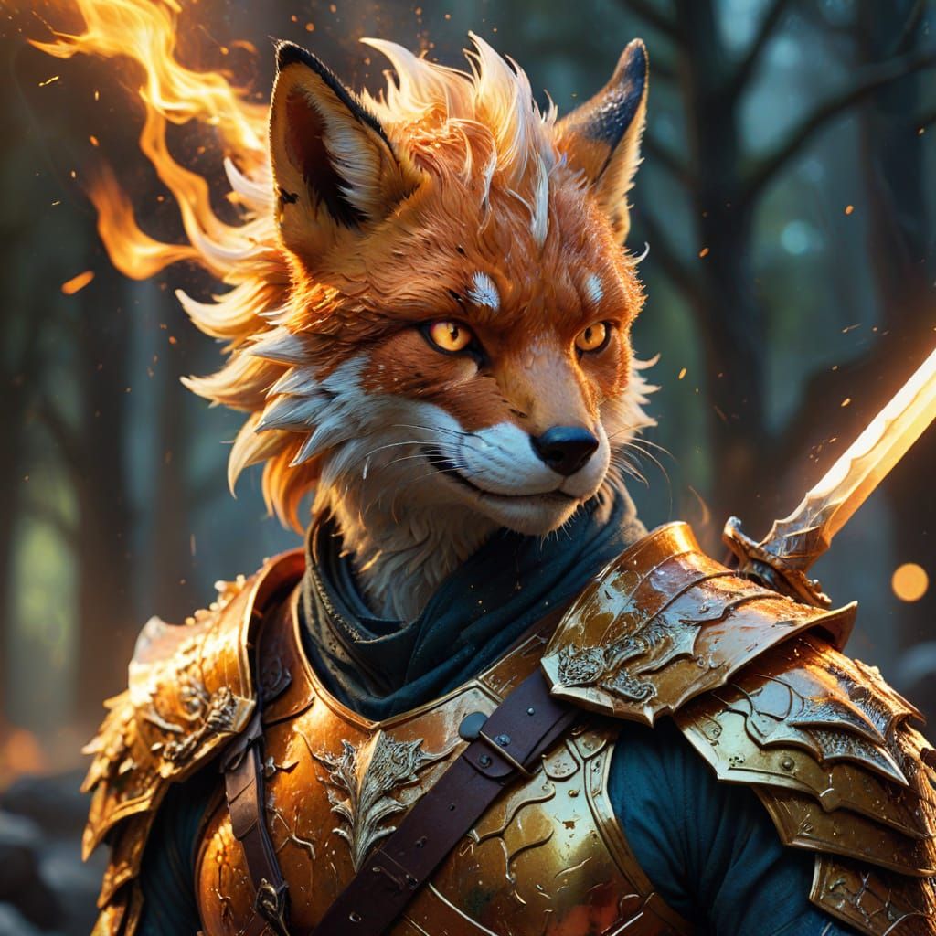 Hypermodern Fox-Dragon Hybrid Warrior in Golden Hour