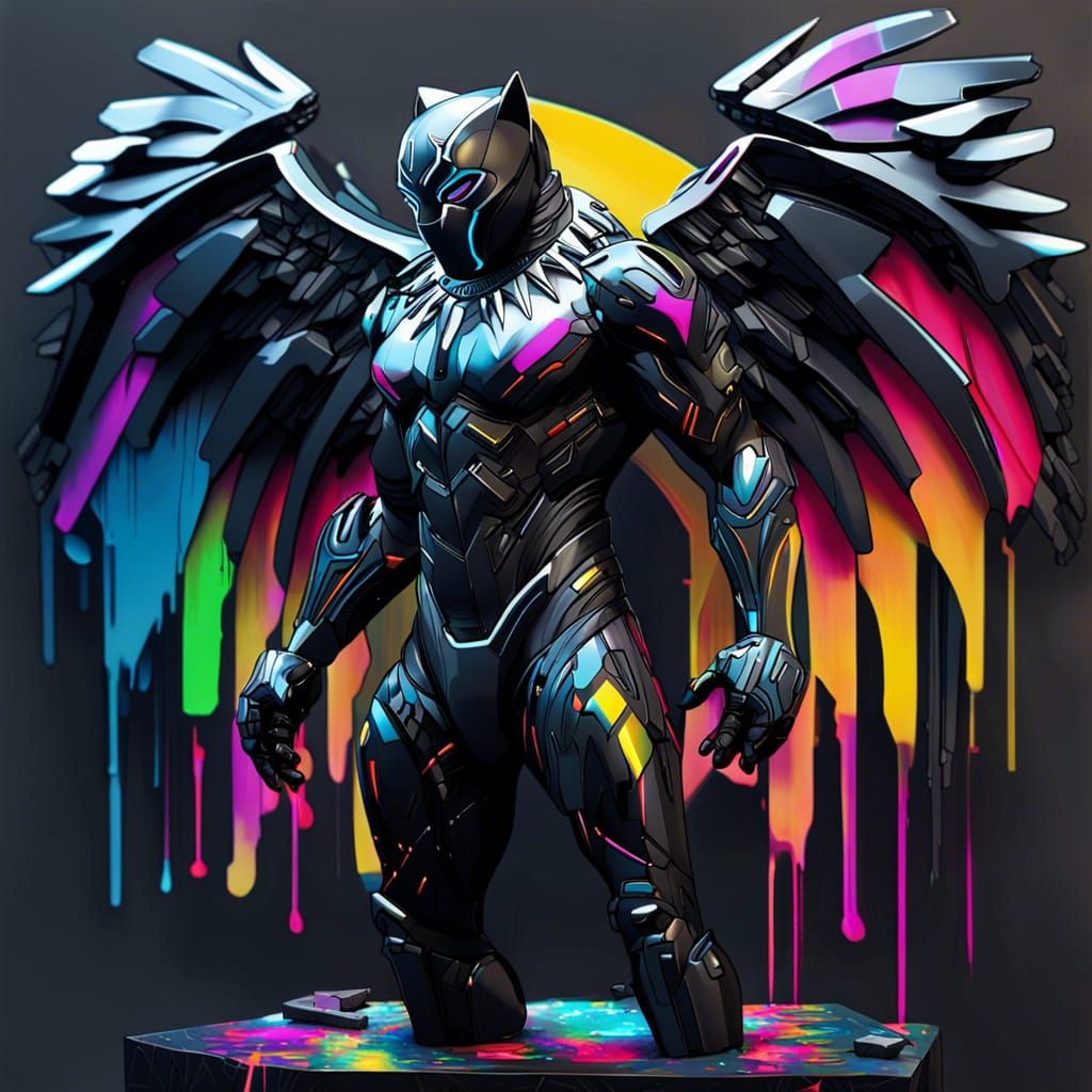 Robotic Black Panther with Cybernetic Wings in Graffiti Art