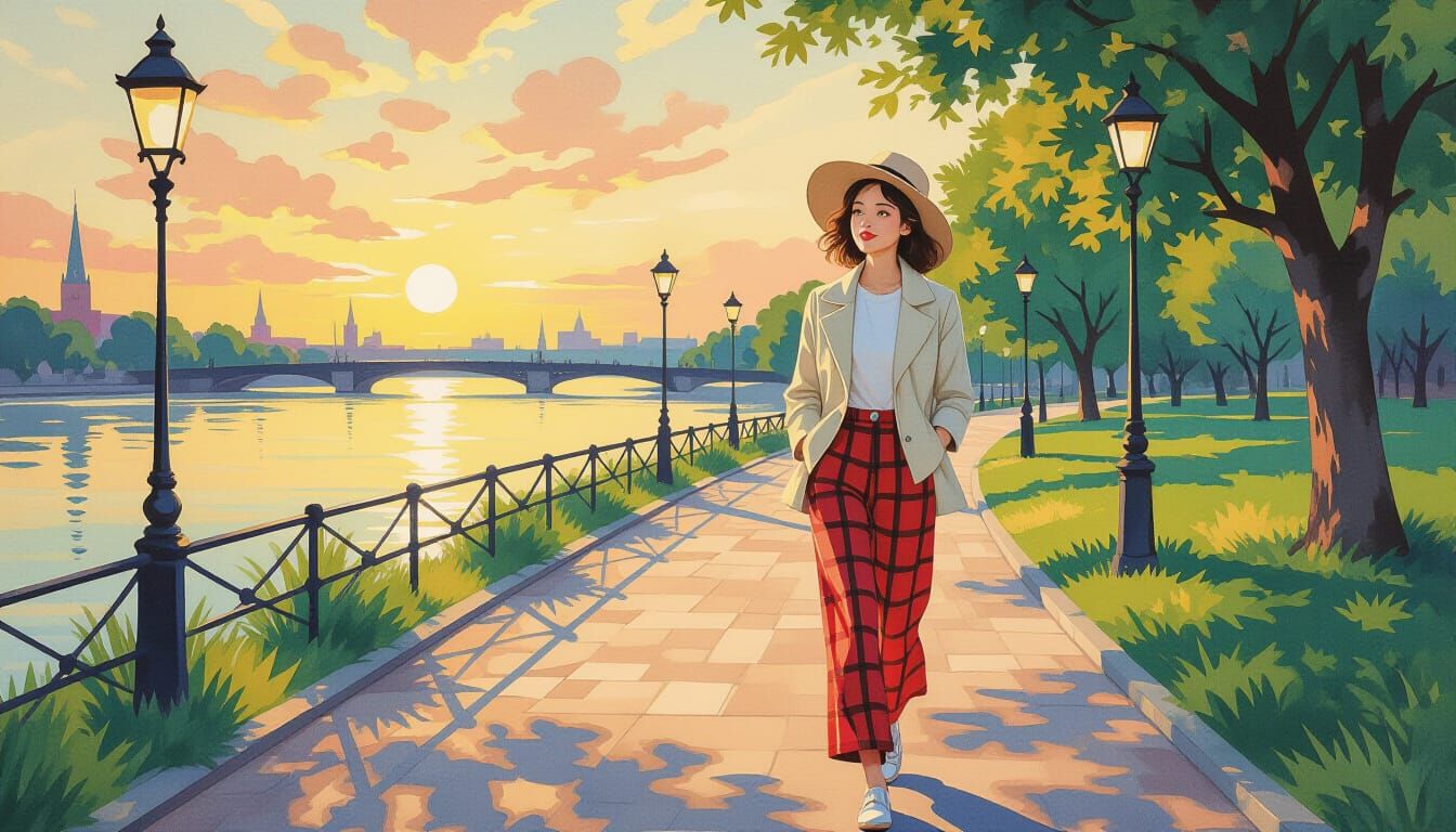 Girl Smiling in Park Sunrise Gouache Painting