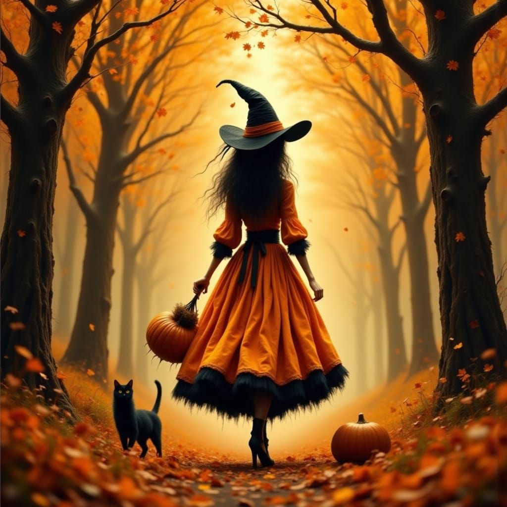 Whimsical Witch in Autumn Forest, Fantasy Art