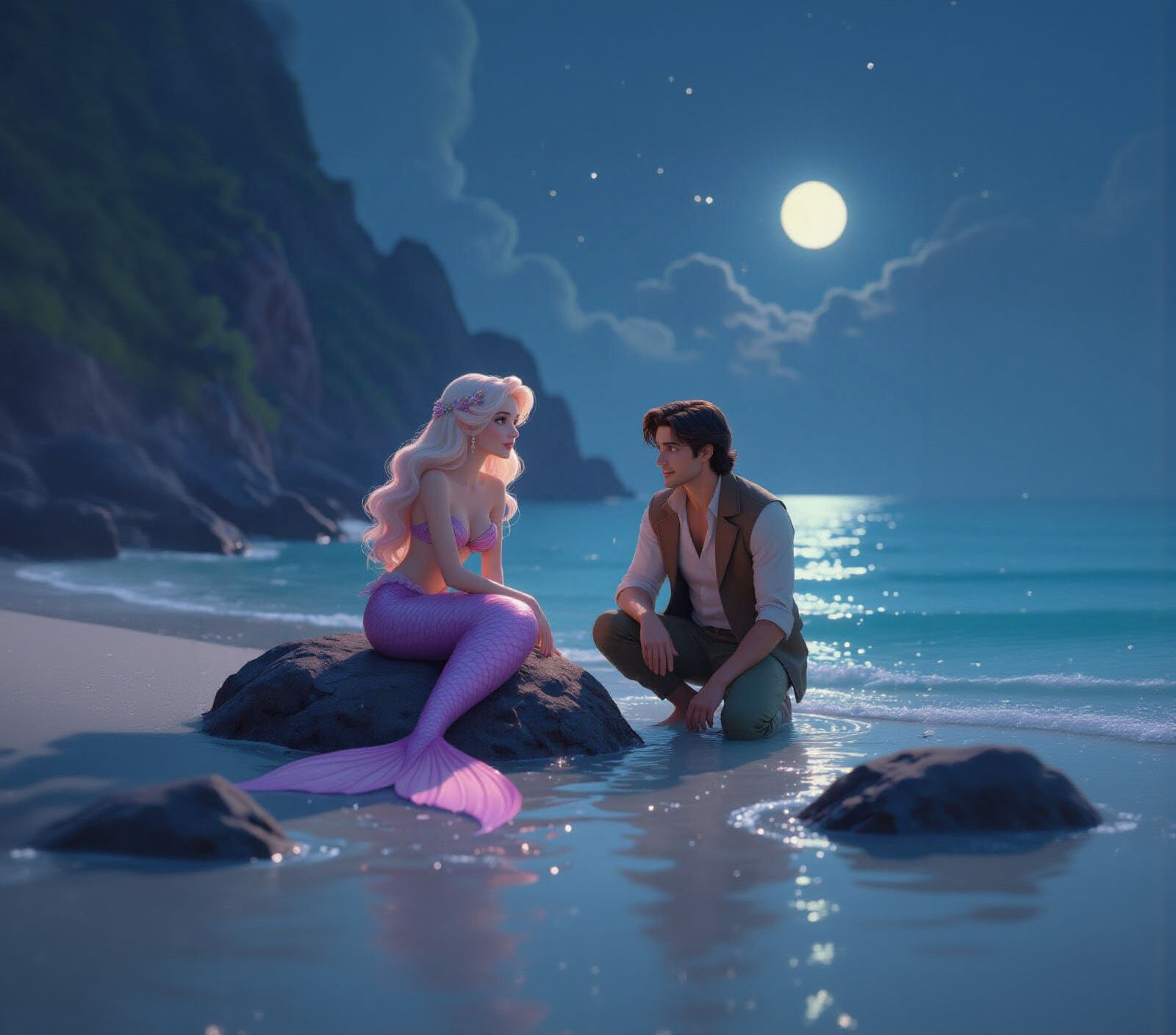 Fair Mermaid and Man in Moonlit Cove - Pastel Animation Styl...