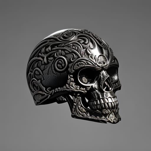 Ornate Black Skull with Silver and Gold Veins