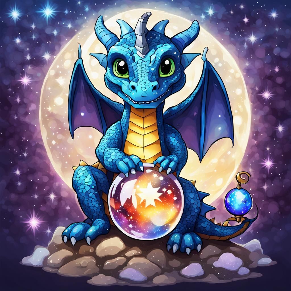 Magical Dragon with Star Wand in Cosmic Scene