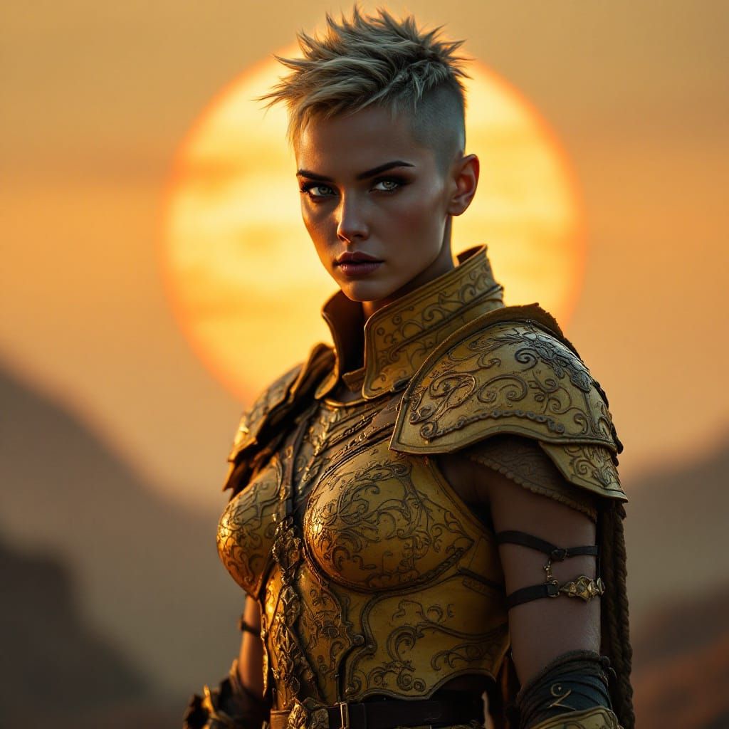 Strong Female Warrior in Ancient Armor, Ready for Battle