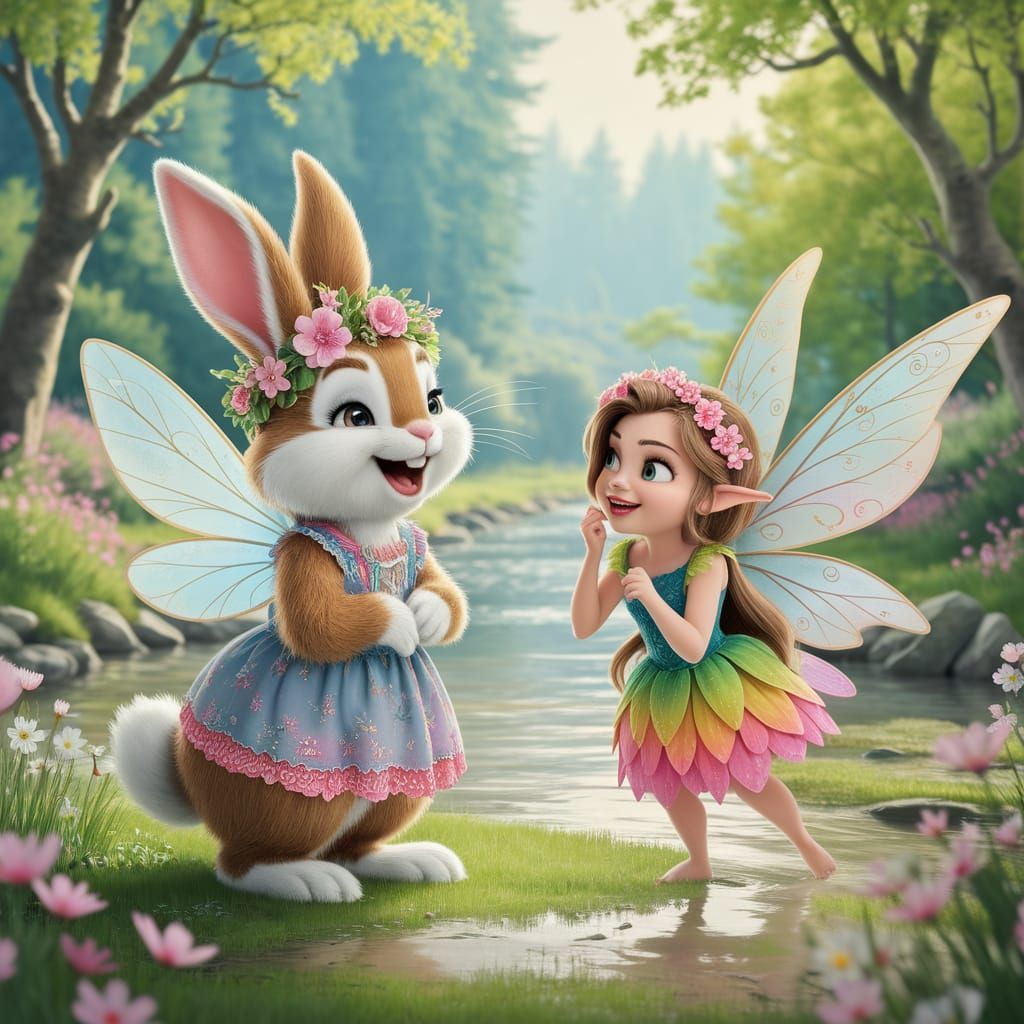 Joyful Bunny and Fairy in Flowery Forest