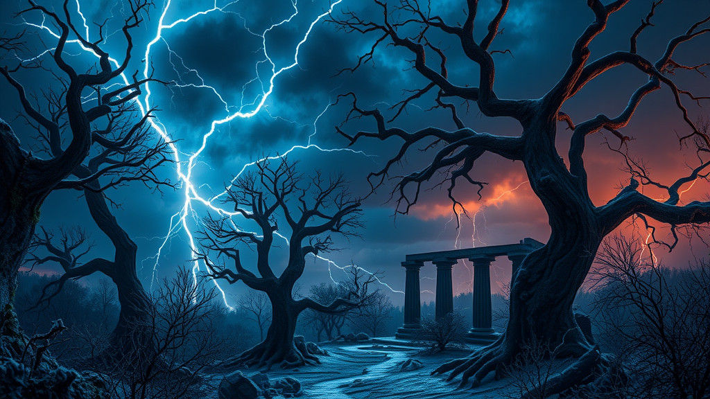 Eerie Winter Lightning Storm in Surreal Horror Style