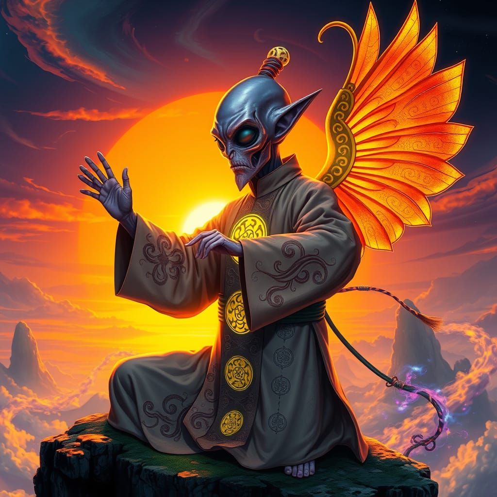 Taoist Master with Alien Wings Practicing Tai Chi