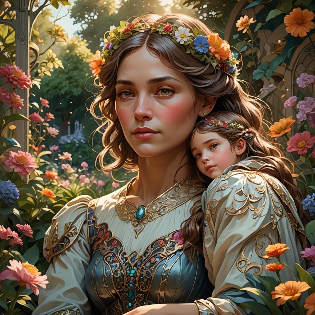 Mother and Daughter Portrait in Art Nouveau Style