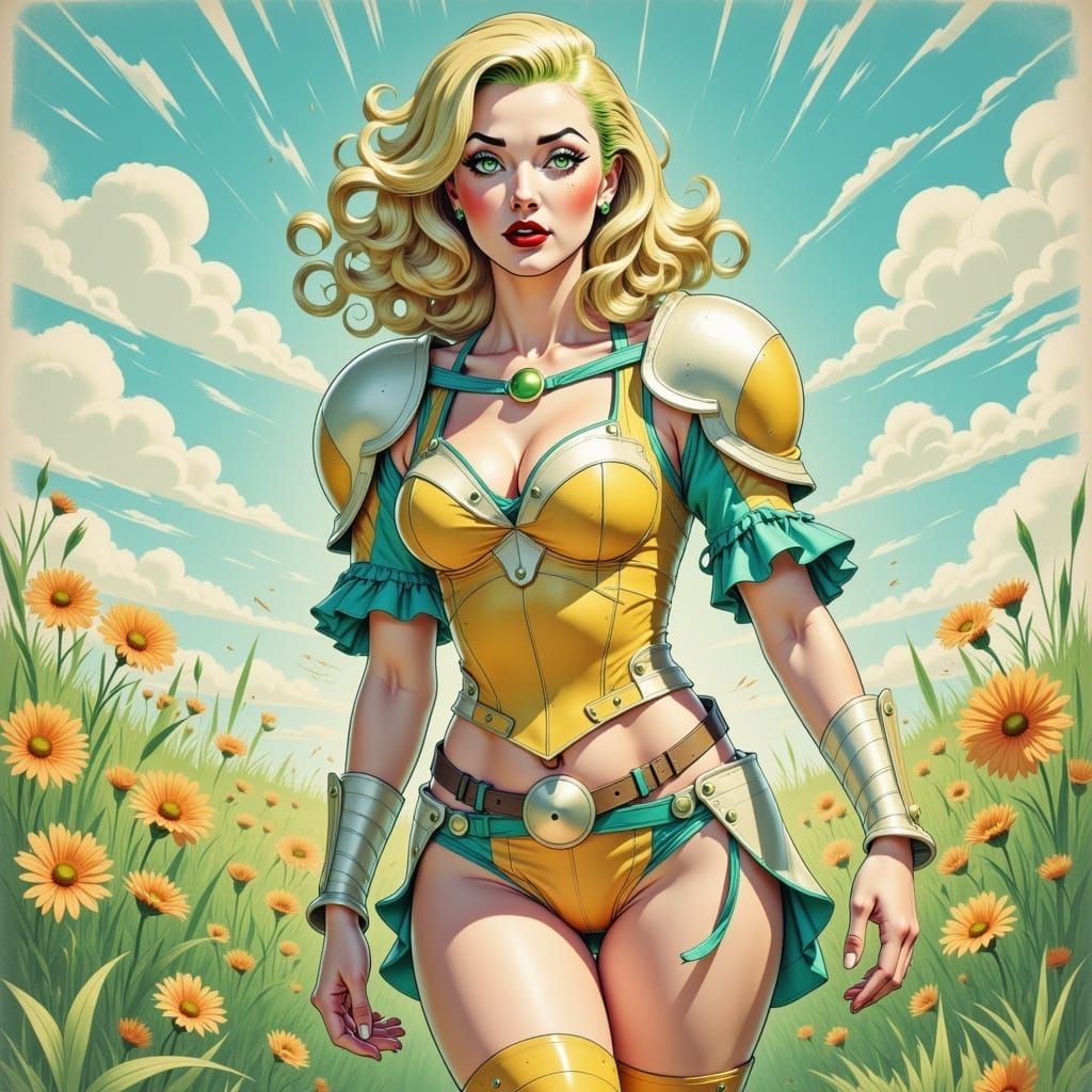 Anime Knight with Golden Hair in Sunny Meadow