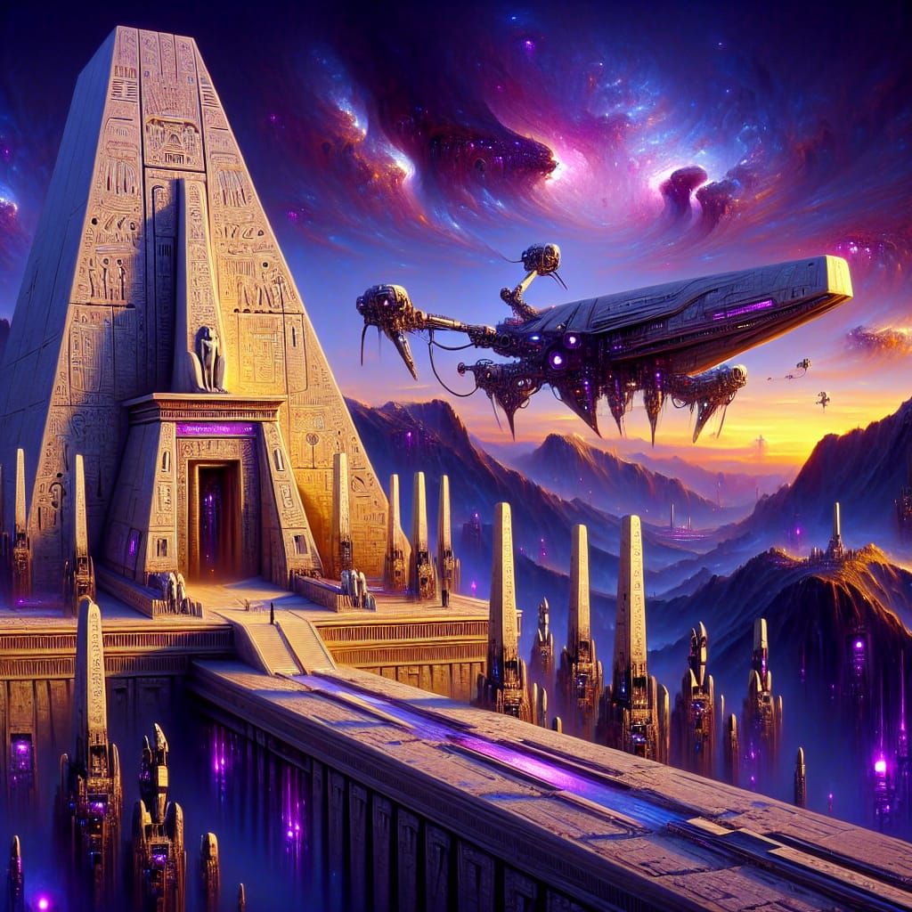 Egyptian Temple with Starship in Art Nouveau Style