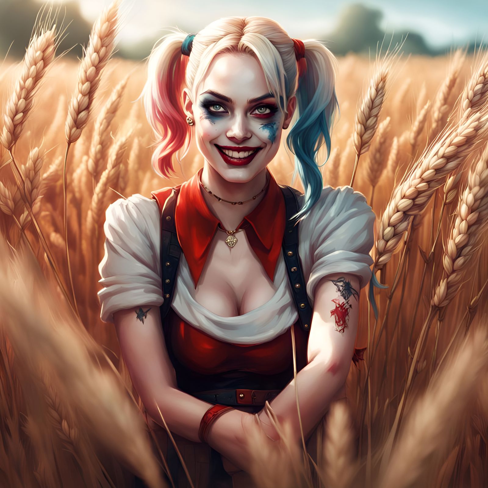 Harley Quinn Portrait in Barley Field, Digital Art