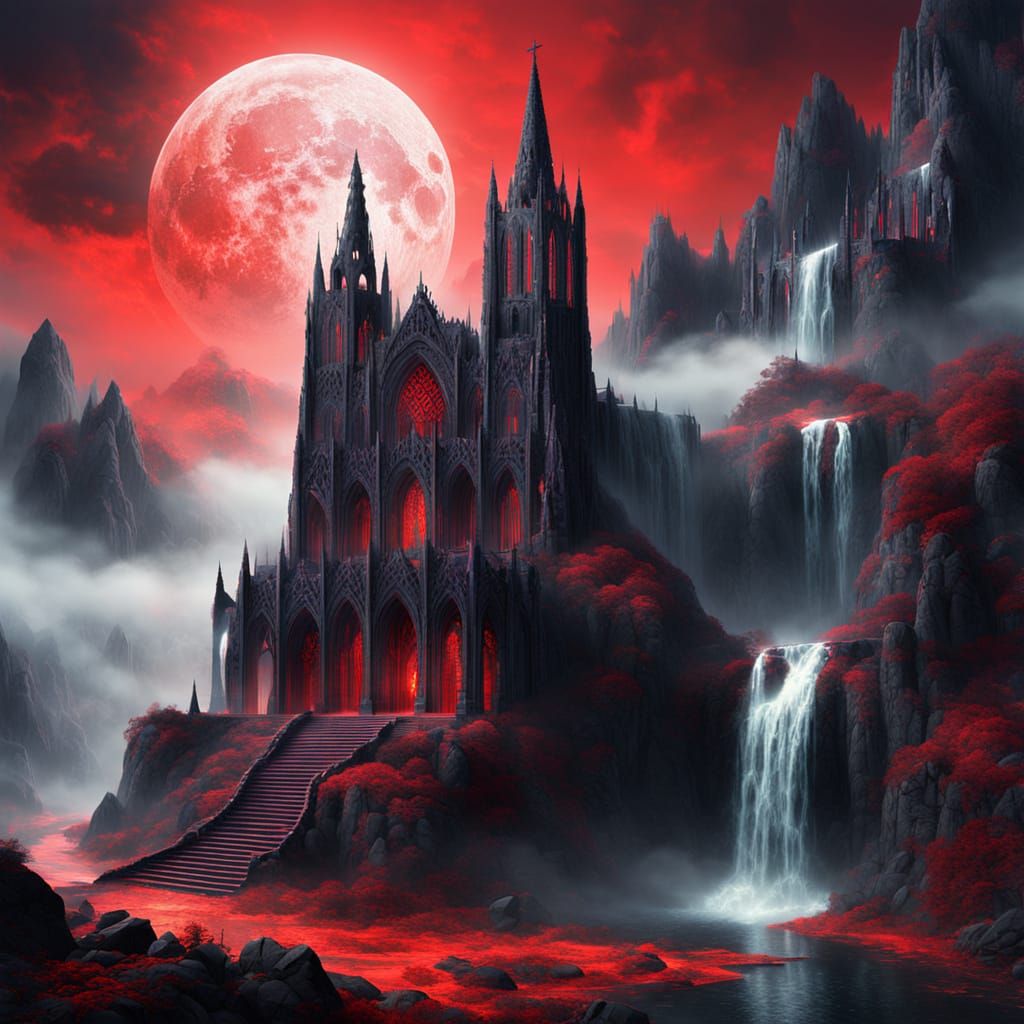 Ruined Gothic Cathedral on Mountain Edge in Surreal Style